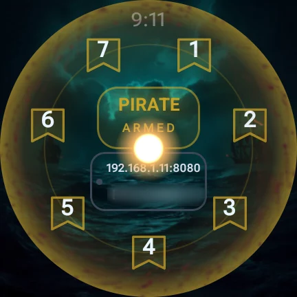 CosNFX on a real watch — the Pirate identity armed, flag-shaped gesture pads
