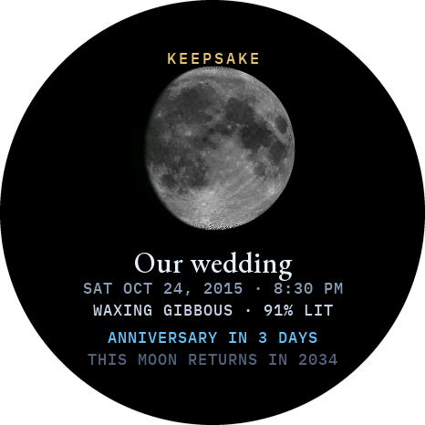 A keepsake card: the wedding night's Moon, its phase, the anniversary countdown and the year that Moon returns