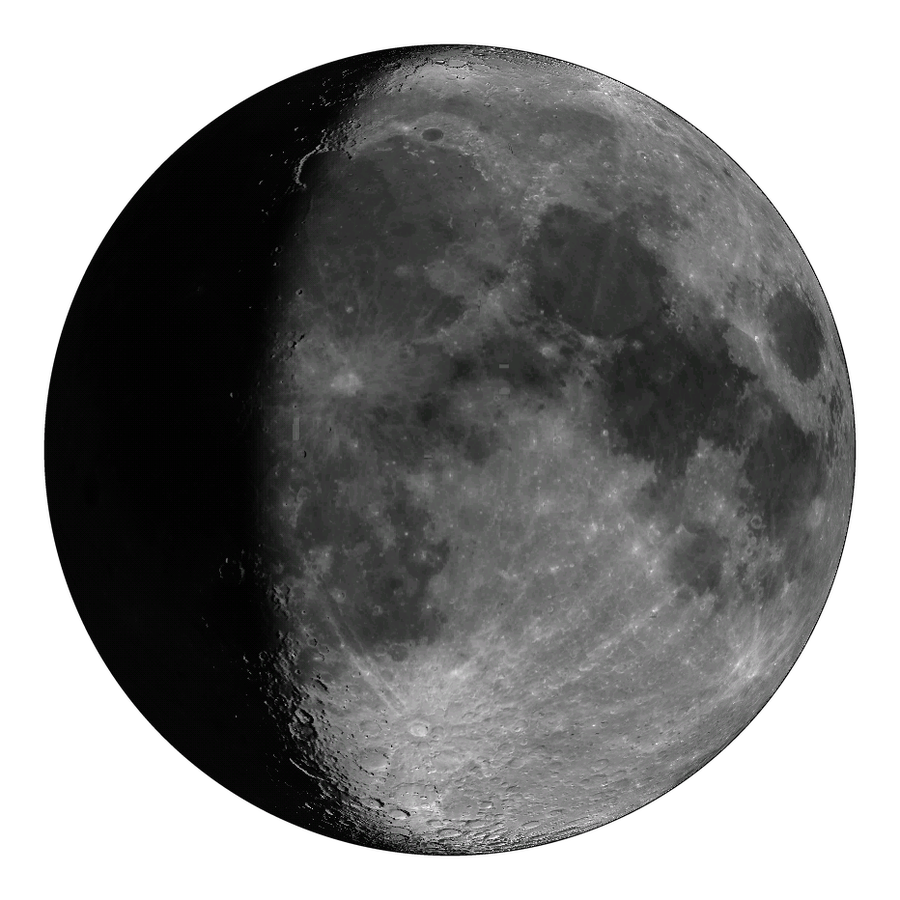 A waxing gibbous Moon rendered by Lunaria, craters in relief along the terminator