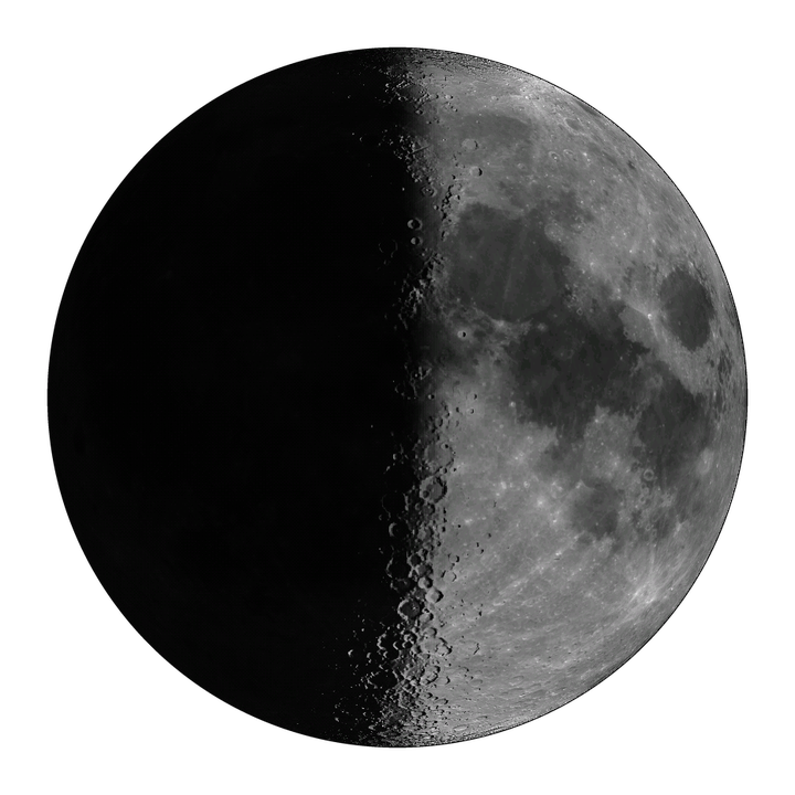 A first-quarter Moon, craters in relief along the terminator