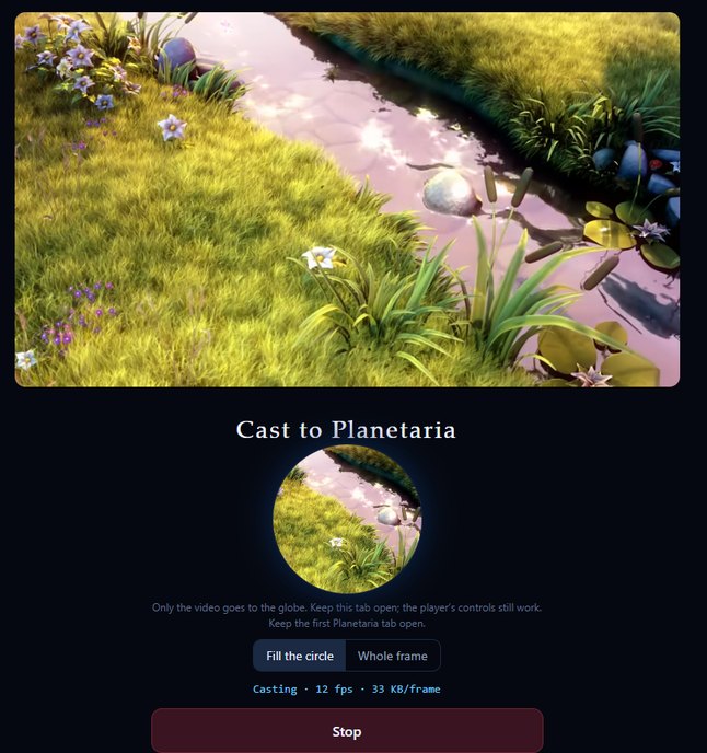 Planetaria's cast page playing a YouTube video, with a round preview of what the globe shows