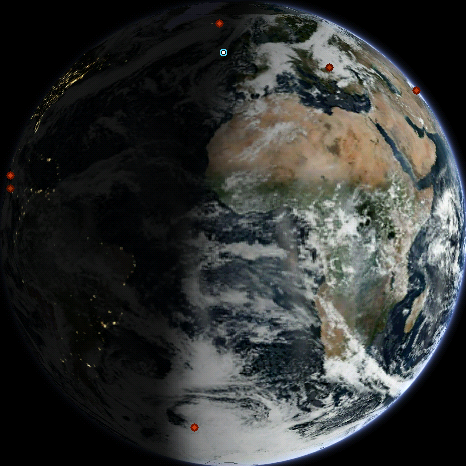 The globe showing the Space Station over northern Europe, with earthquake markers around the Mediterranean and the Atlantic