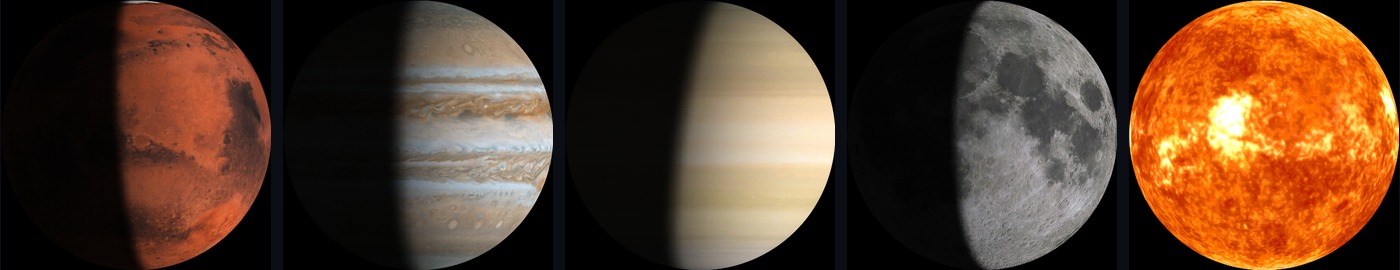 Mars, Jupiter, Saturn, the Moon and the Sun rendered by Planetaria