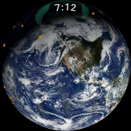 The globe centred on Los Angeles in daylight, the aurora oval glowing green over the far north, earthquake markers around the Pacific
