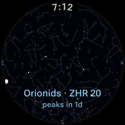 The night-sky planisphere: constellation lines, the planets and the Orionids radiant marked