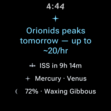 The Tonight card: the Orionids peak tomorrow at up to 20 an hour, the ISS in 9 hours, Mercury and Venus up, the Moon 72% and waxing gibbous